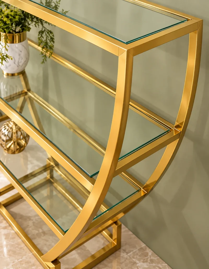 Velora hourglass cosmetic display rack with curved gold frame and three open shelves