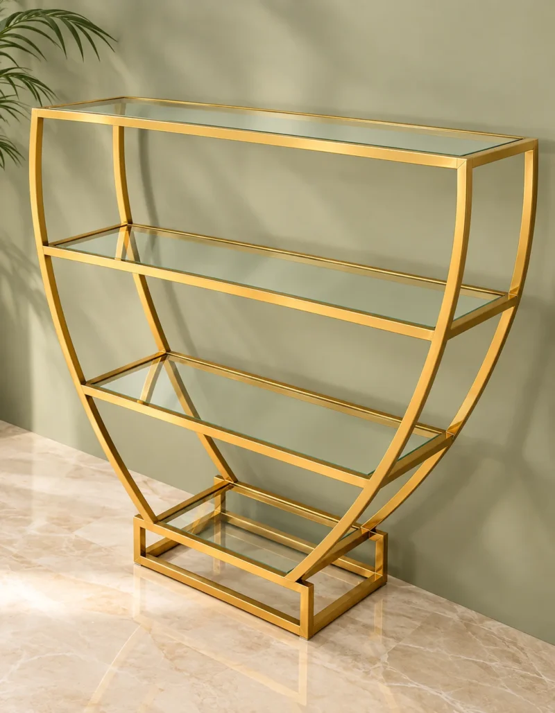 Velora hourglass cosmetic display rack with curved gold frame and three open shelves