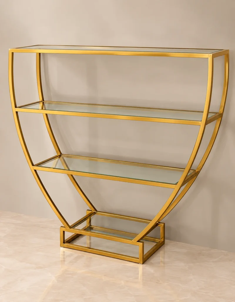 Velora hourglass cosmetic display rack with curved gold frame and three open shelves