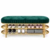 Velora Luxe 2 tier shoe storage bench with green cushioned seat and gold frame