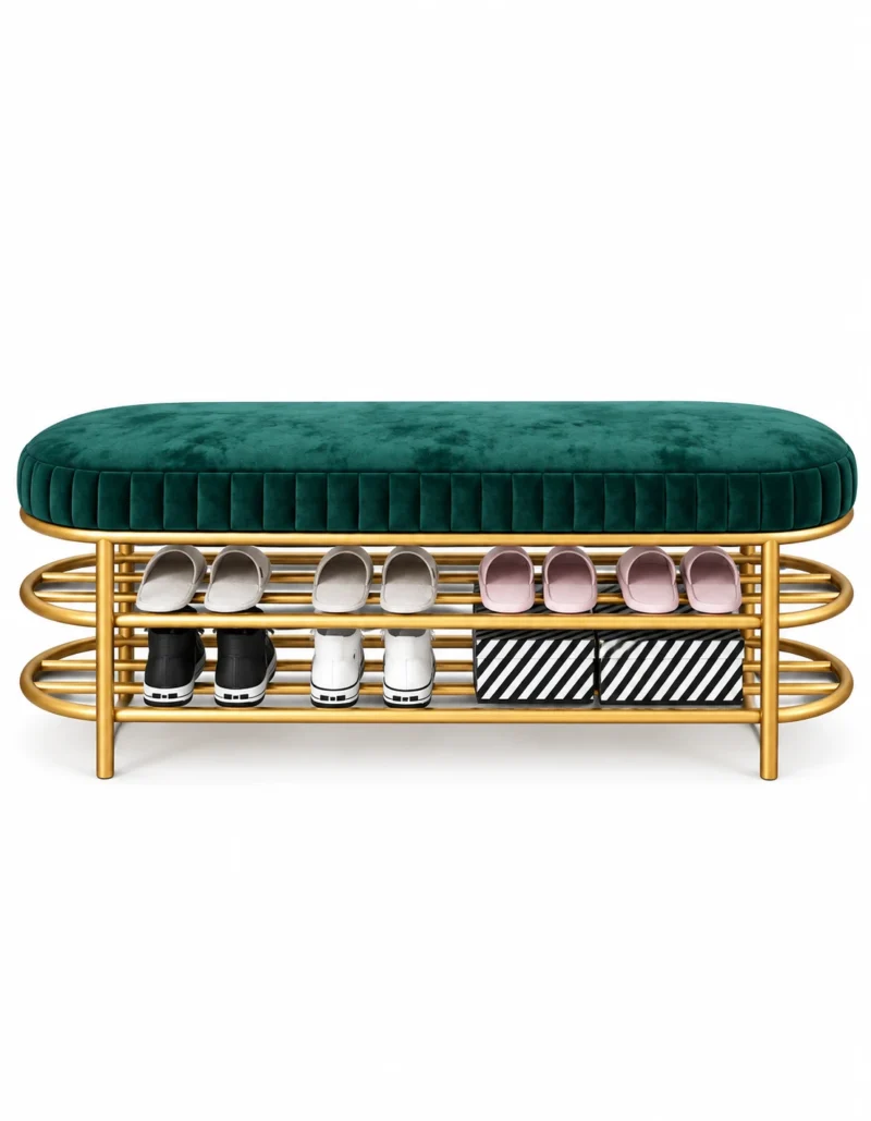 Velora Luxe 2 tier shoe storage bench with green cushioned seat and gold frame