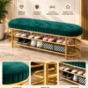 Velora Luxe 2 tier shoe storage bench with green cushioned seat and gold frame