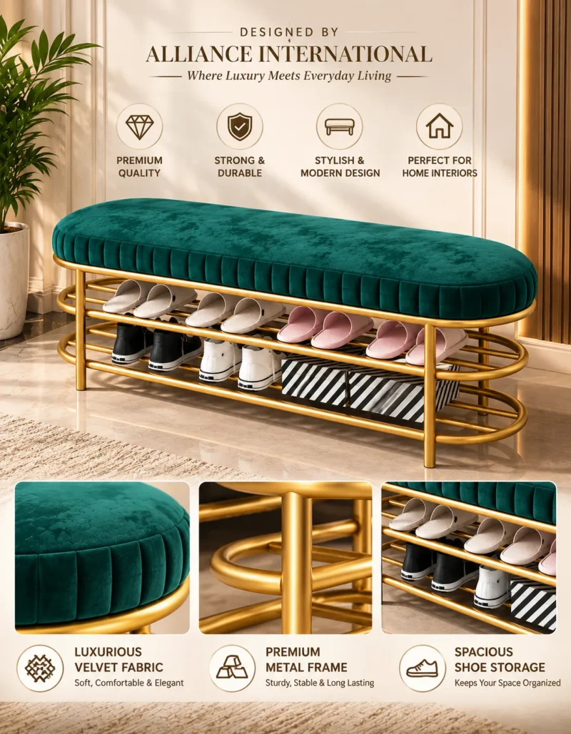 Velora Luxe 2 tier shoe storage bench with green cushioned seat and gold frame