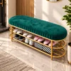 Velora Luxe 2 tier shoe storage bench with green cushioned seat and gold frame