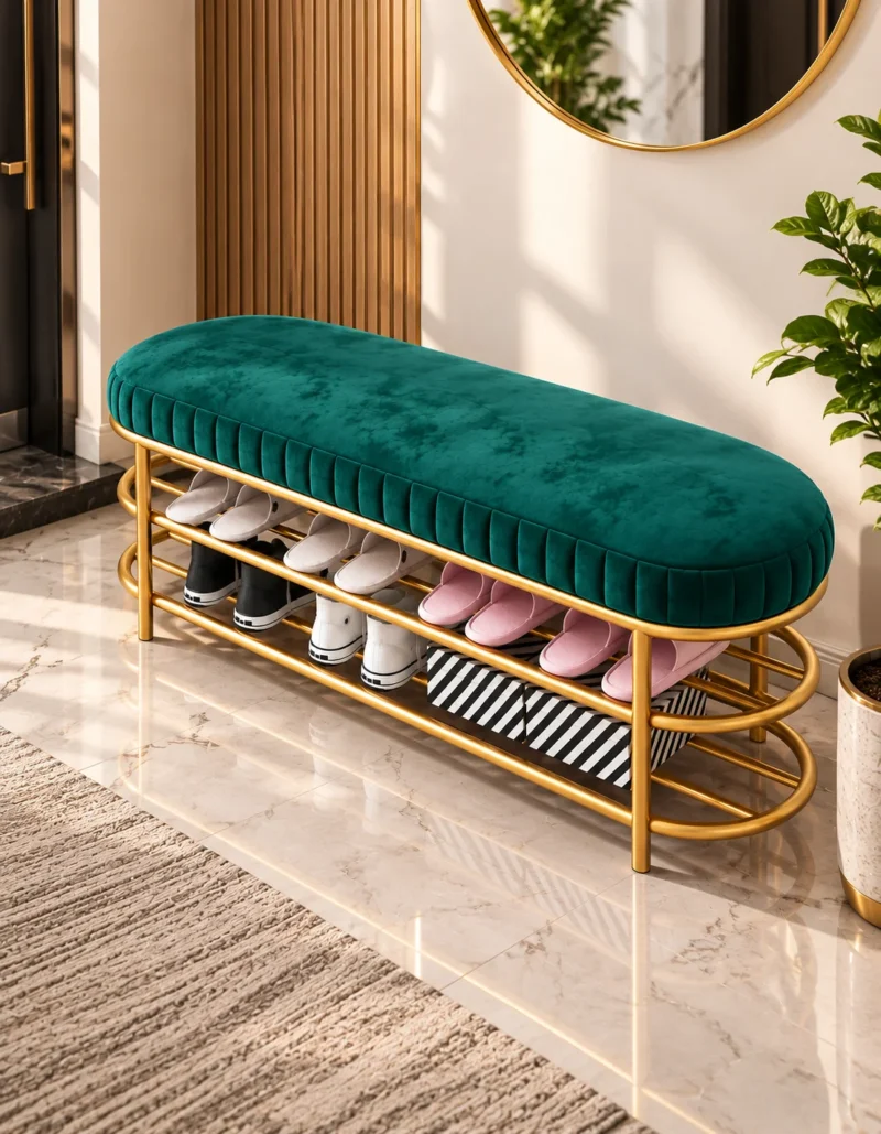 Velora Luxe 2 tier shoe storage bench with green cushioned seat and gold frame