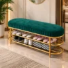 Velora Luxe 2 tier shoe storage bench with green cushioned seat and gold frame