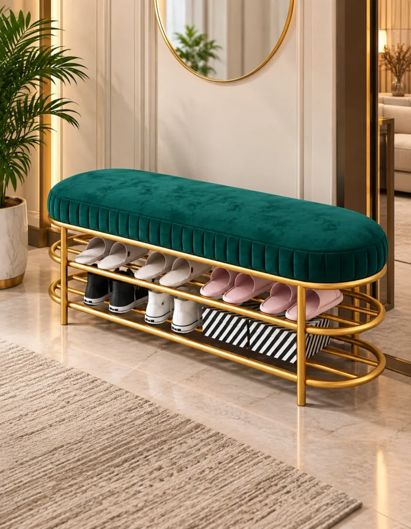 Velora Luxe 2 tier shoe storage bench with green cushioned seat and gold frame