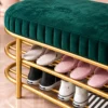 Velora Luxe 2 tier shoe storage bench with green cushioned seat and gold frame