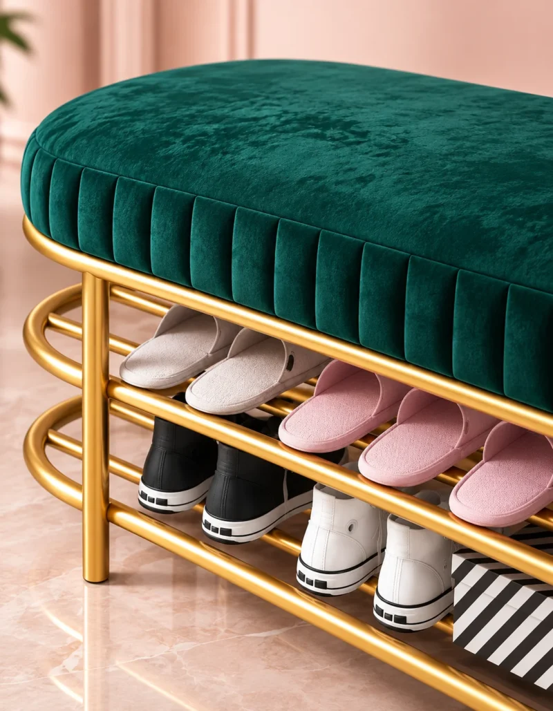 Velora Luxe 2 tier shoe storage bench with green cushioned seat and gold frame