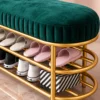 Velora Luxe 2 tier shoe storage bench with green cushioned seat and gold frame