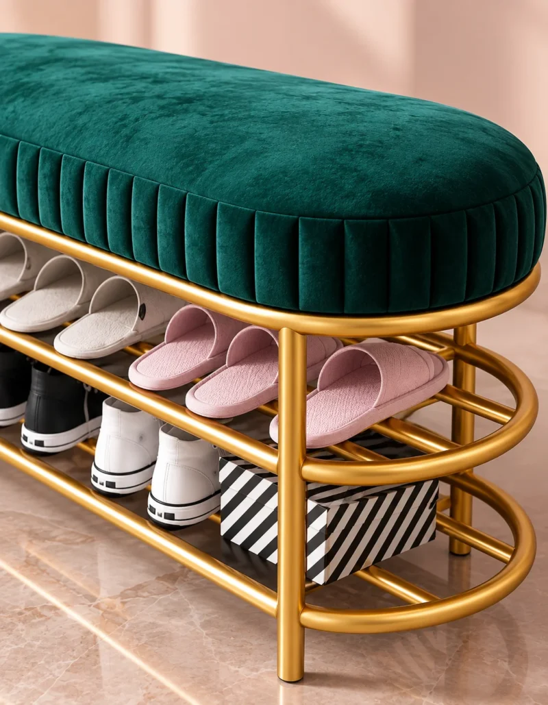 Velora Luxe 2 tier shoe storage bench with green cushioned seat and gold frame