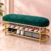 Velora Luxe 2 tier shoe storage bench with green cushioned seat and gold frame