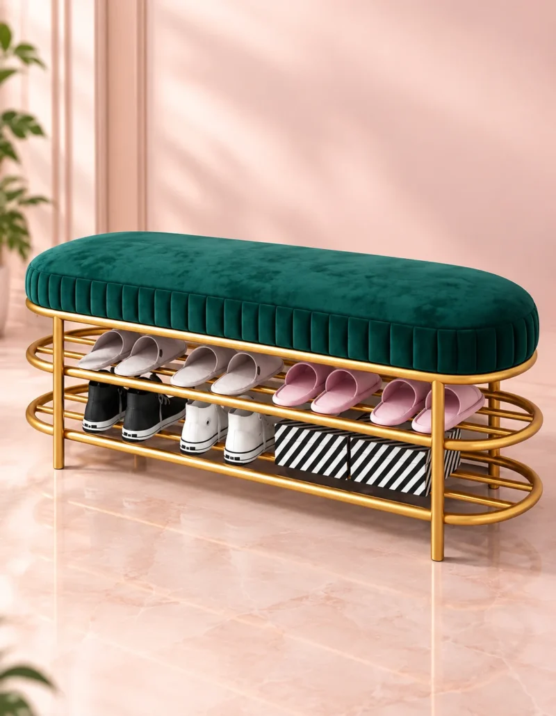 Velora Luxe 2 tier shoe storage bench with green cushioned seat and gold frame
