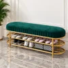 Velora Luxe 2 tier shoe storage bench with green cushioned seat and gold frame