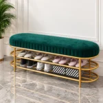 Velora Luxe 2 tier shoe storage bench with green cushioned seat and gold frame