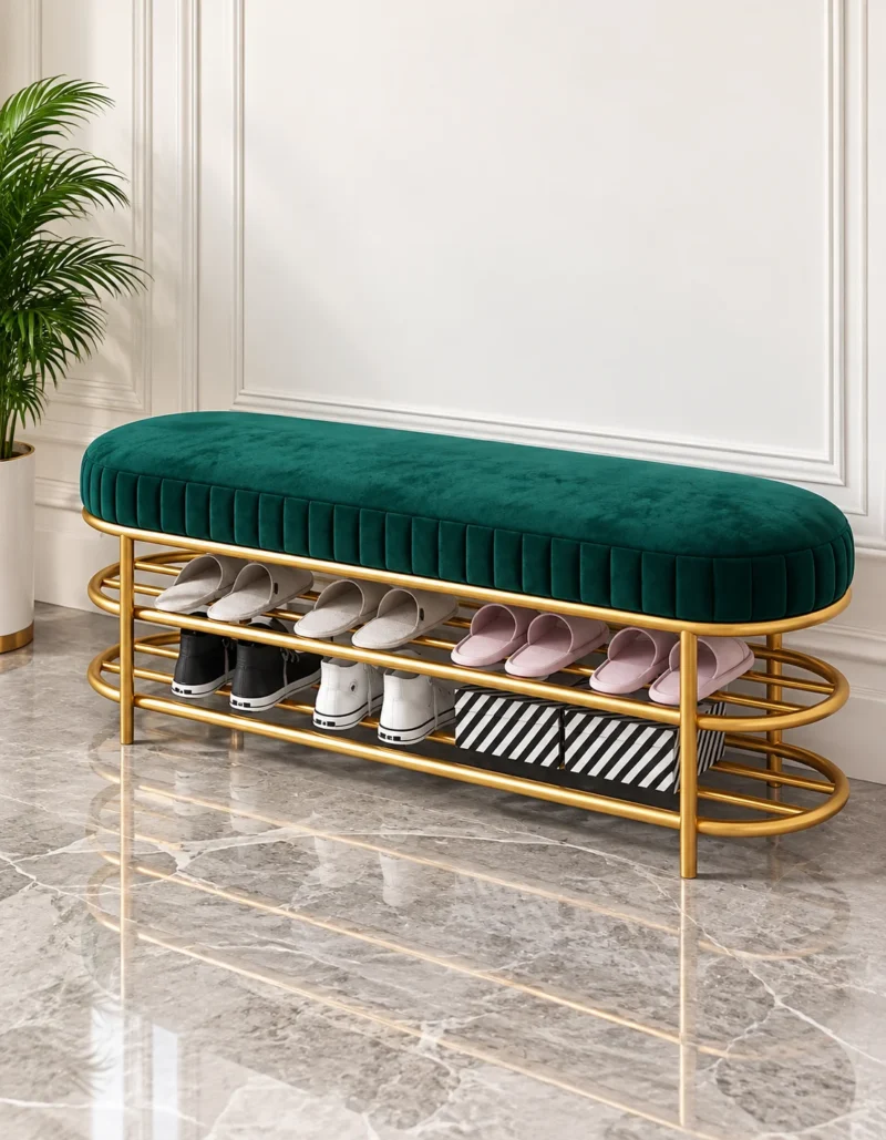 Velora Luxe 2 tier shoe storage bench with green cushioned seat and gold frame