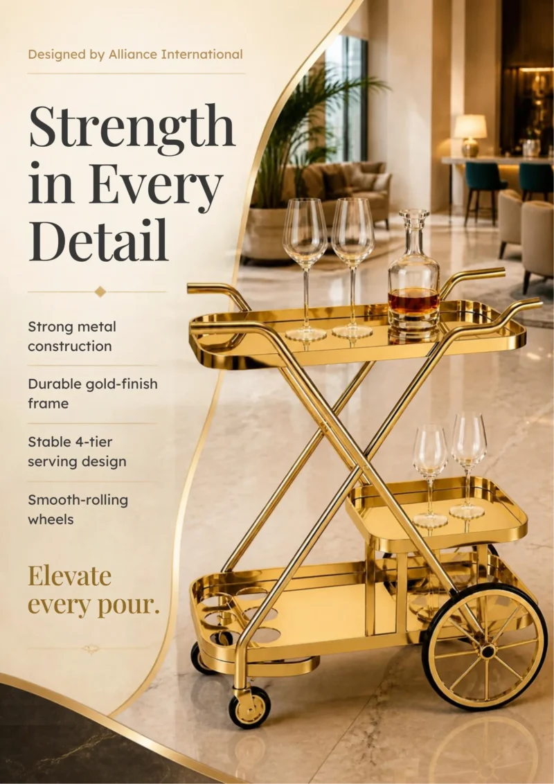 Velora Luxe bar trolley with bottle holder and gold frame