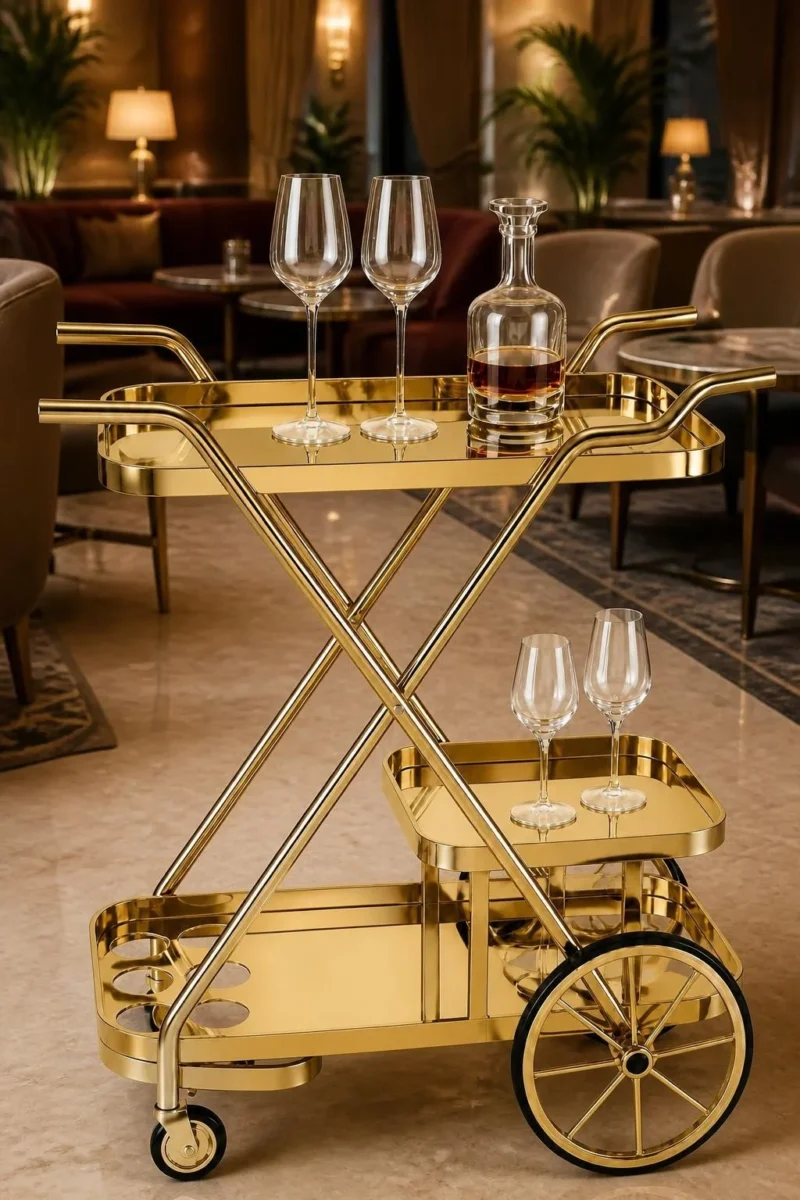 Velora Luxe bar trolley with bottle holder and gold frame