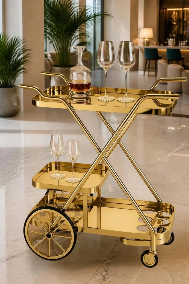 Velora Luxe bar trolley with bottle holder and gold frame
