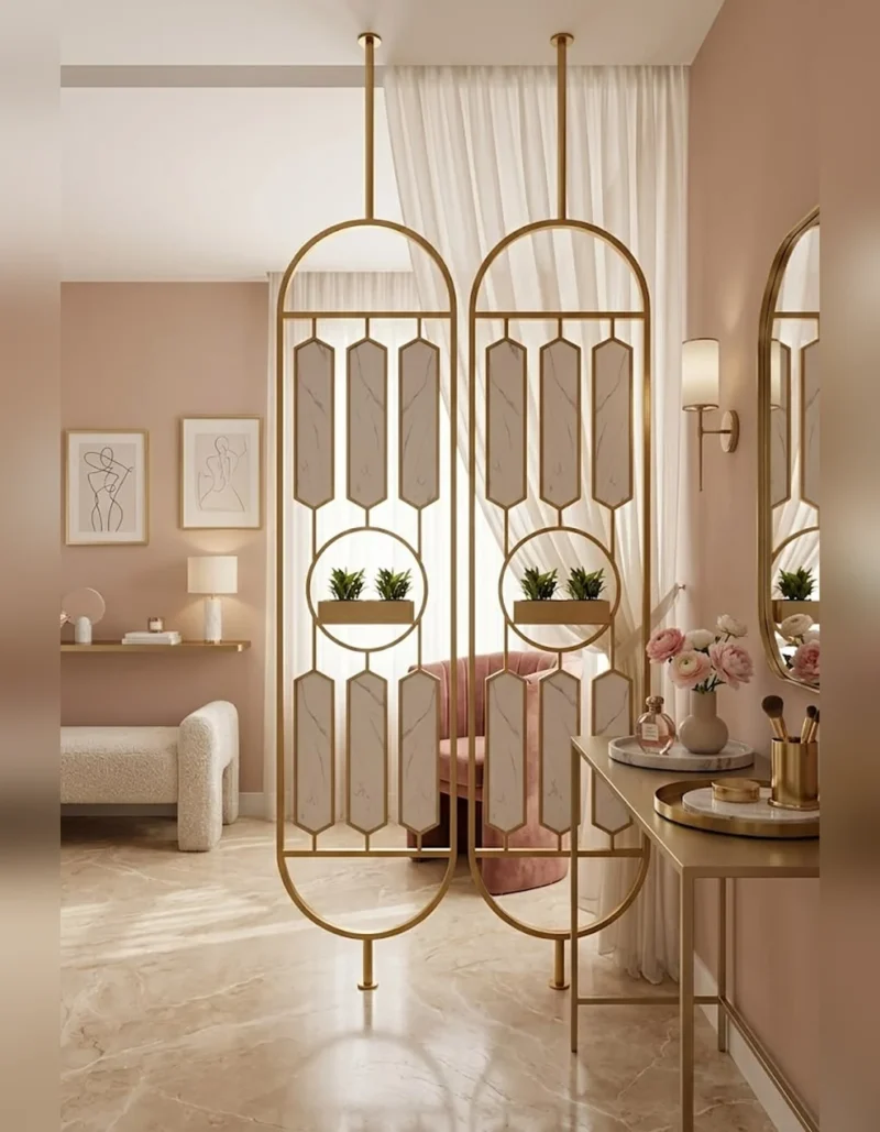 Verde Arc PVD partition with planter and gold frame