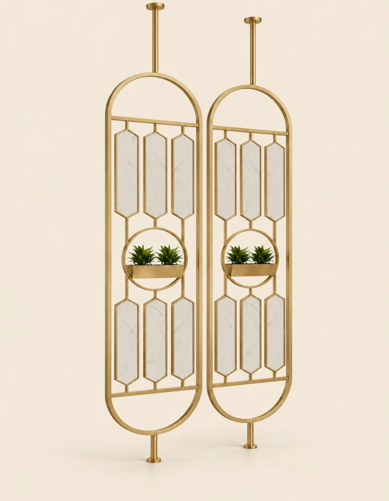 Verde Arc PVD partition with planter and gold frame