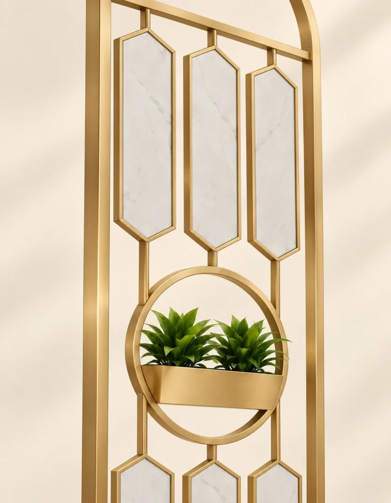 Verde Arc PVD partition with planter and gold frame