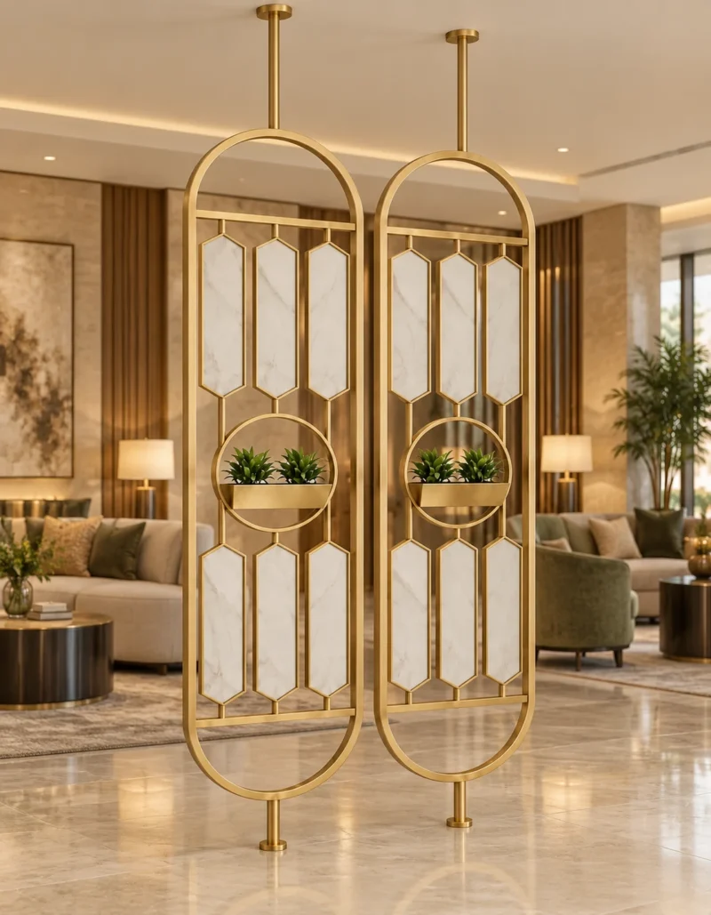 Verde Arc PVD partition with planter and gold frame