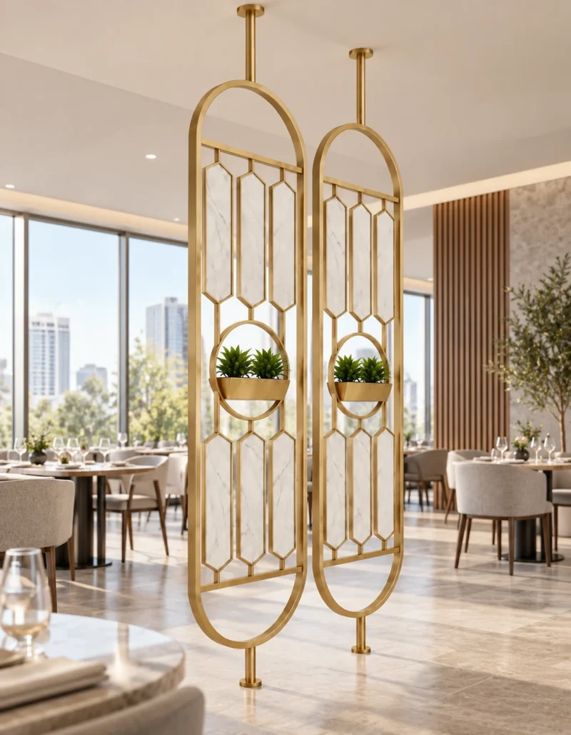 Verde Arc PVD partition with planter and gold frame