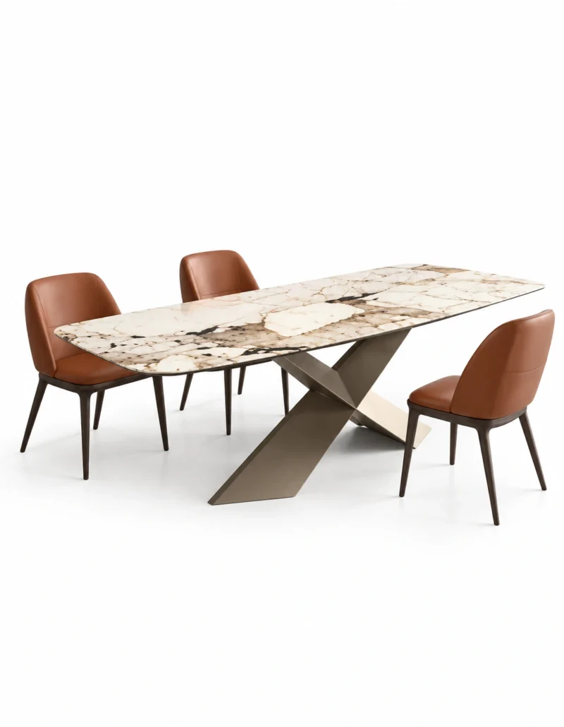 Veyra Cross marble dining table with dark sculptural base and four upholstered chairs