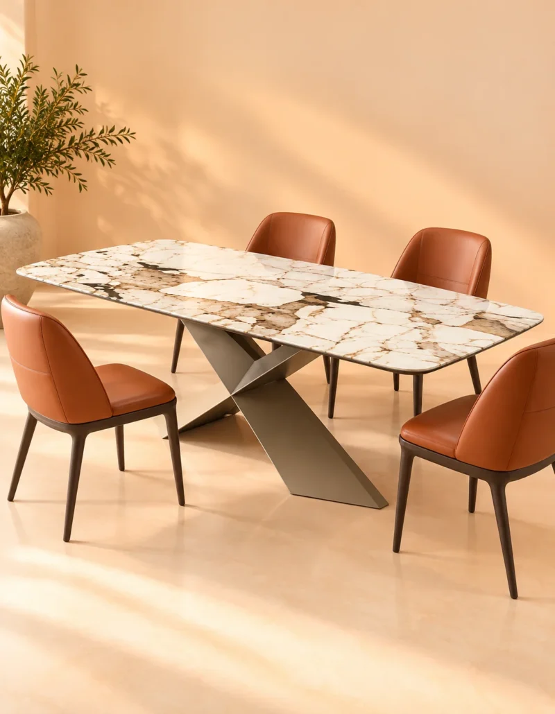 Veyra Cross marble dining table with dark sculptural base and four upholstered chairs