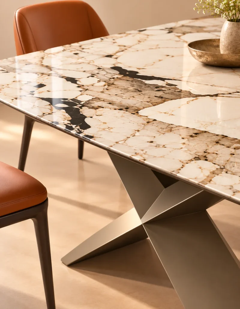 Veyra Cross marble dining table with dark sculptural base and four upholstered chairs