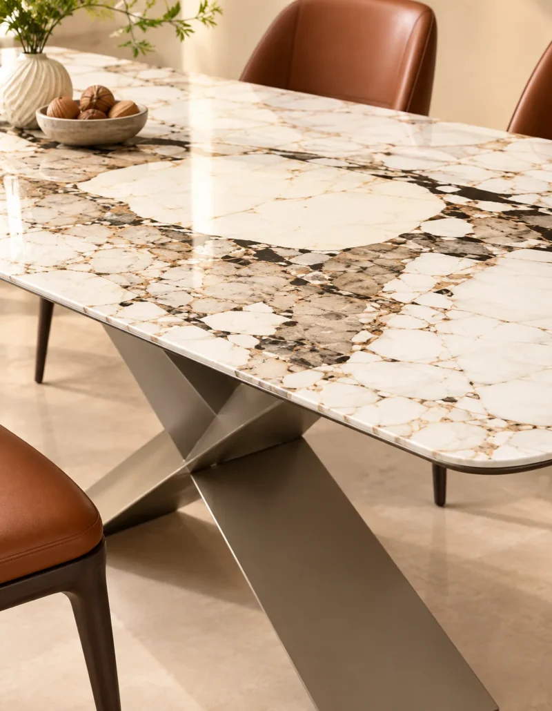 Veyra Cross marble dining table with dark sculptural base and four upholstered chairs