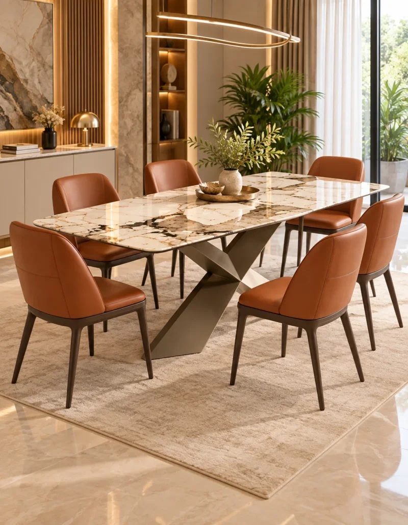 Veyra Cross marble dining table with dark sculptural base and four upholstered chairs