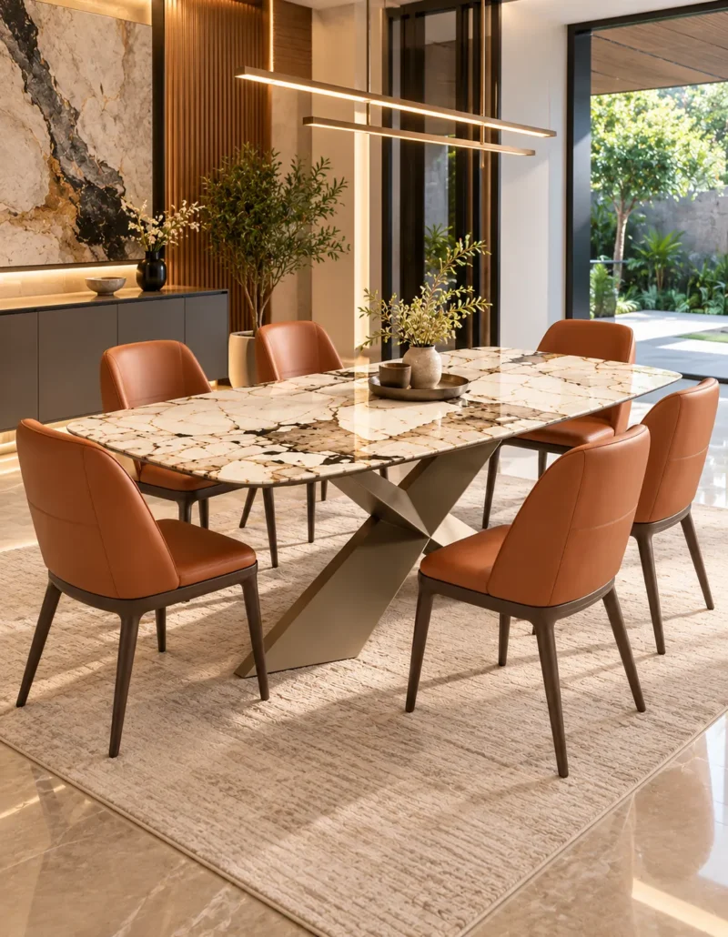Veyra Cross marble dining table with dark sculptural base and four upholstered chairs