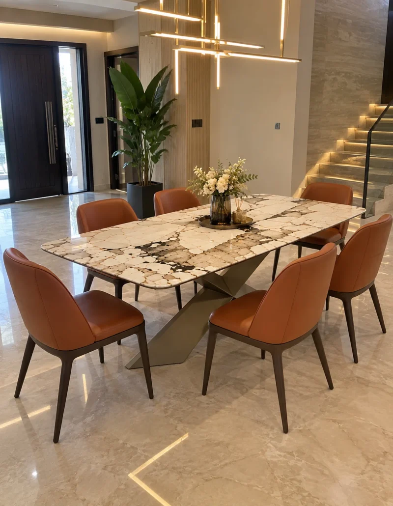Veyra Cross marble dining table with dark sculptural base and four upholstered chairs