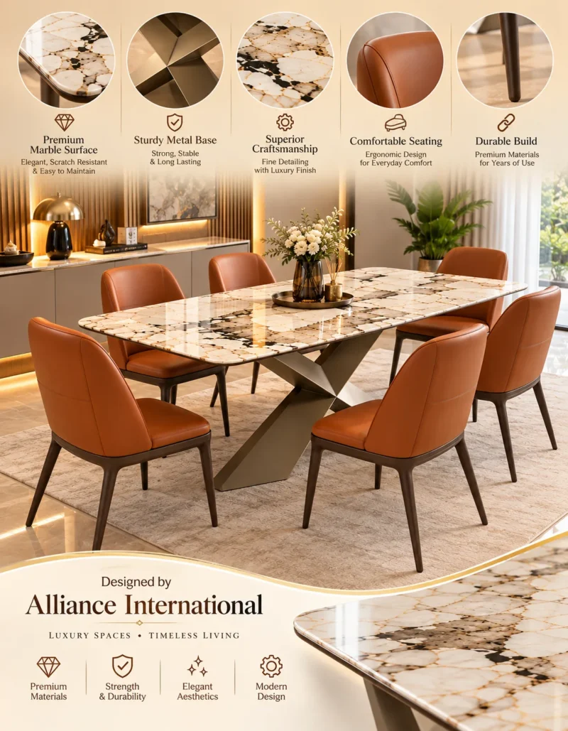 Veyra Cross marble dining table with dark sculptural base and four upholstered chairs