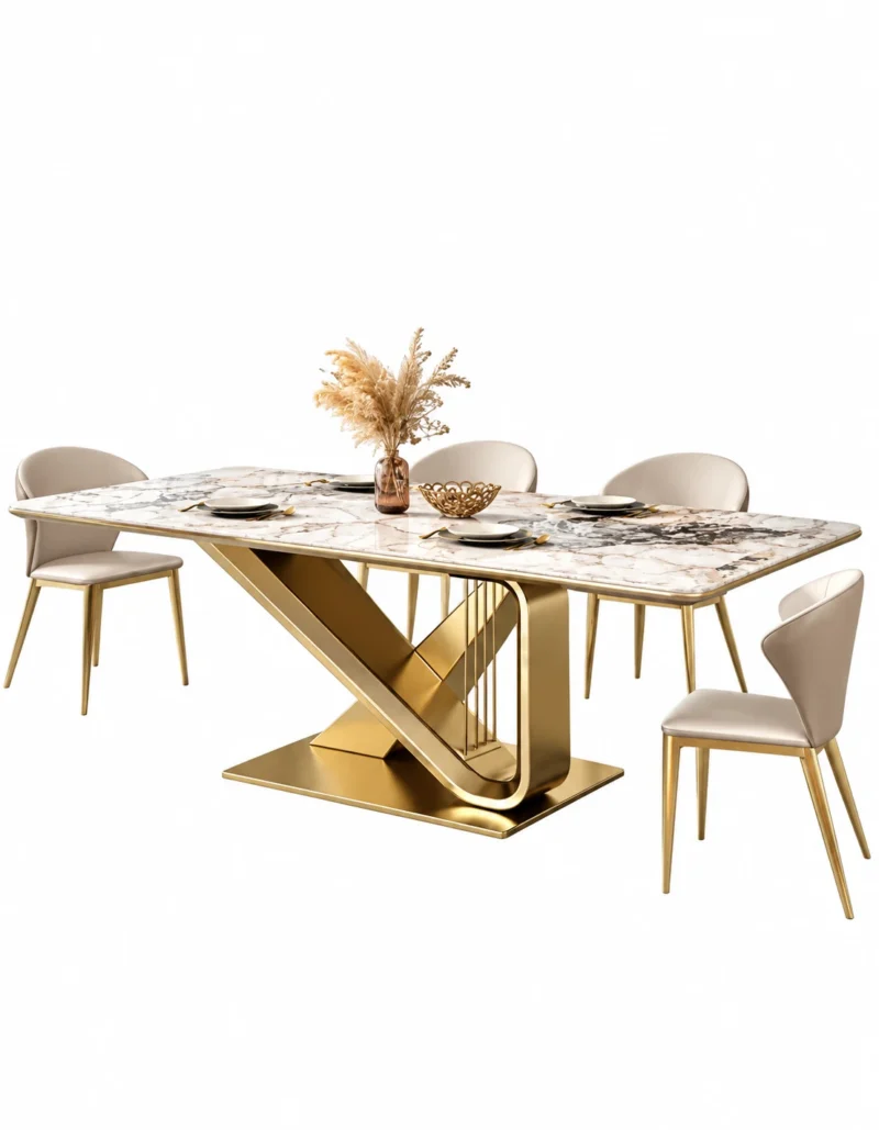 Veyra Loop geometric marble dining table with gold stainless steel base