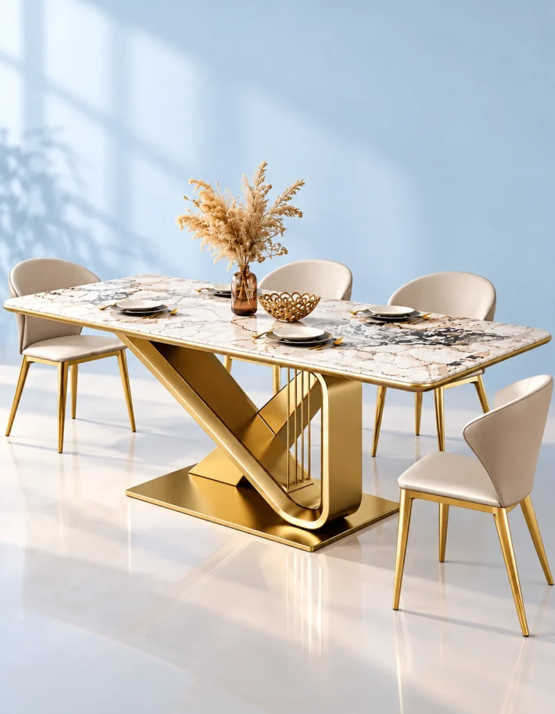Veyra Loop geometric marble dining table with gold stainless steel base