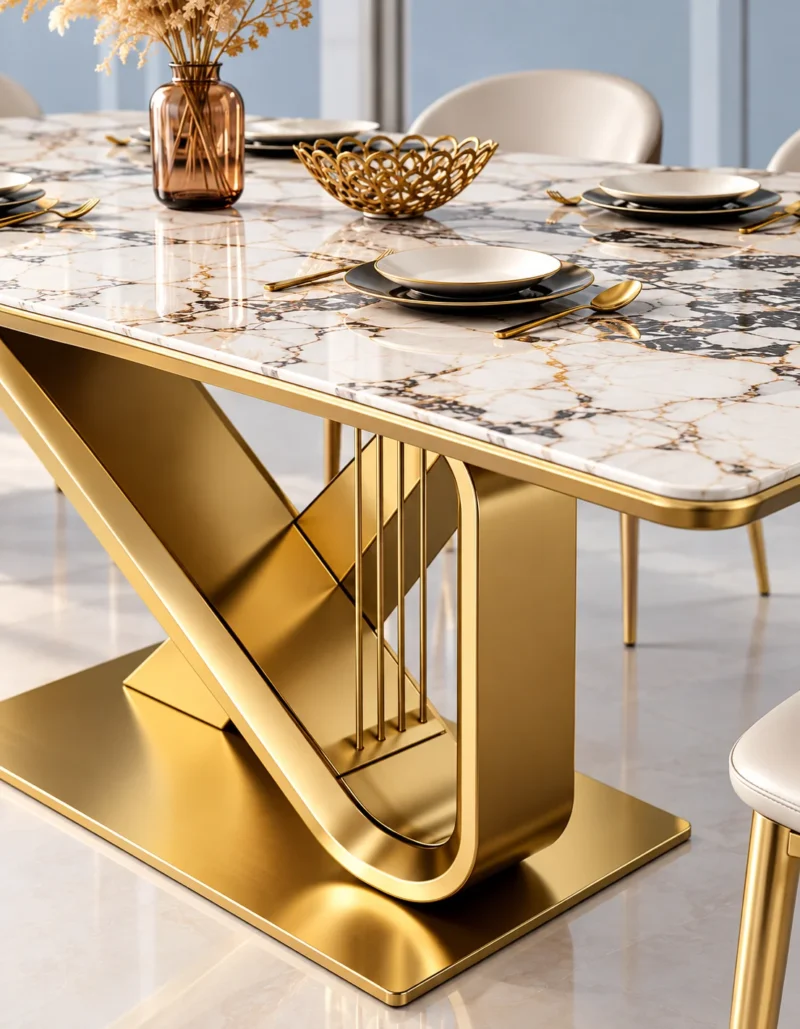 Veyra Loop geometric marble dining table with gold stainless steel base