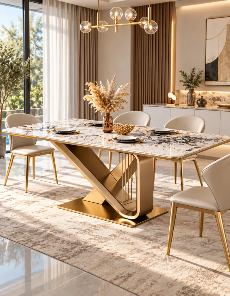 Veyra Loop geometric marble dining table with gold stainless steel base