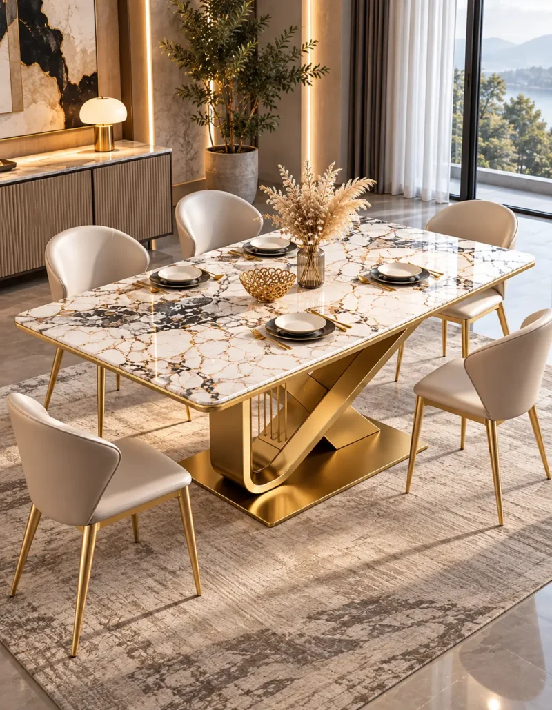 Veyra Loop geometric marble dining table with gold stainless steel base