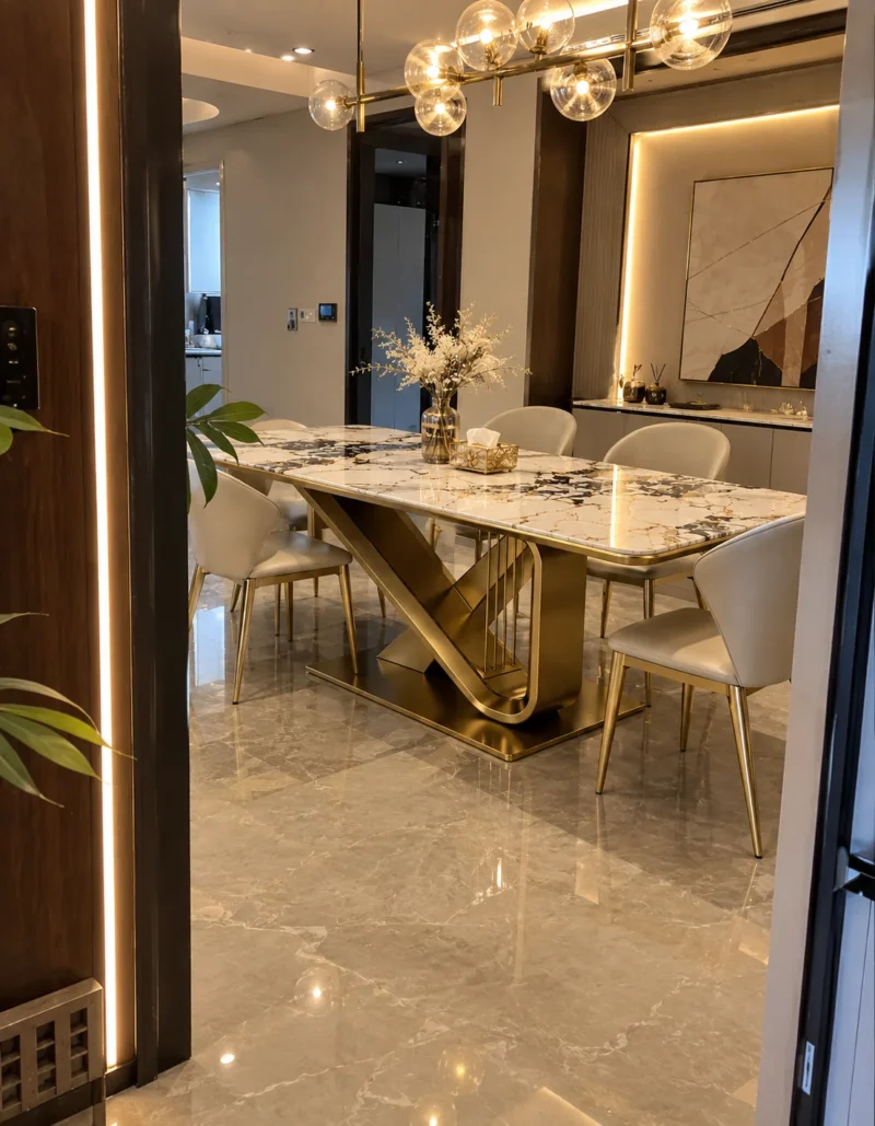 Veyra Loop geometric marble dining table with gold stainless steel base