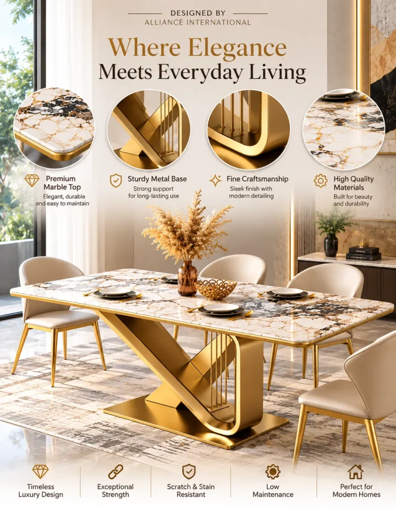 Veyra Loop geometric marble dining table with gold stainless steel base