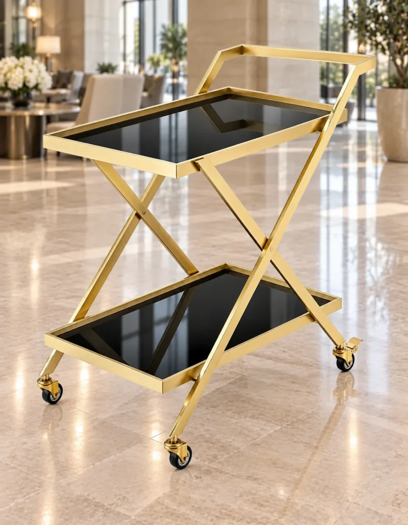 Veyra Luxe X frame serving trolley with gold finish