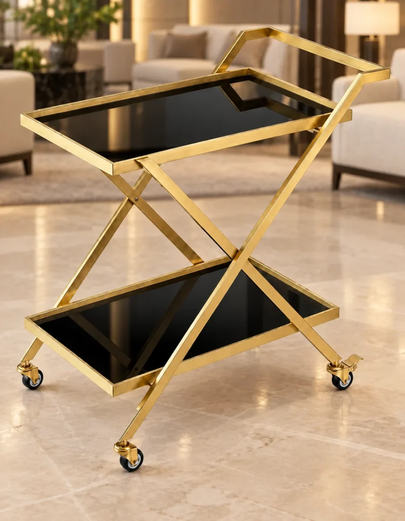 Veyra Luxe X frame serving trolley with gold finish