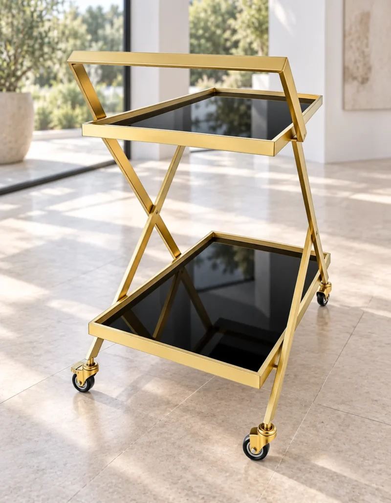 Veyra Luxe X frame serving trolley with gold finish