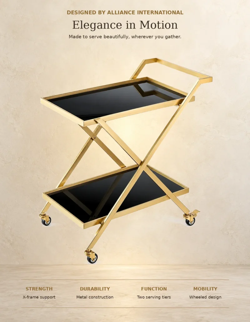 Veyra Luxe X frame serving trolley with gold finish