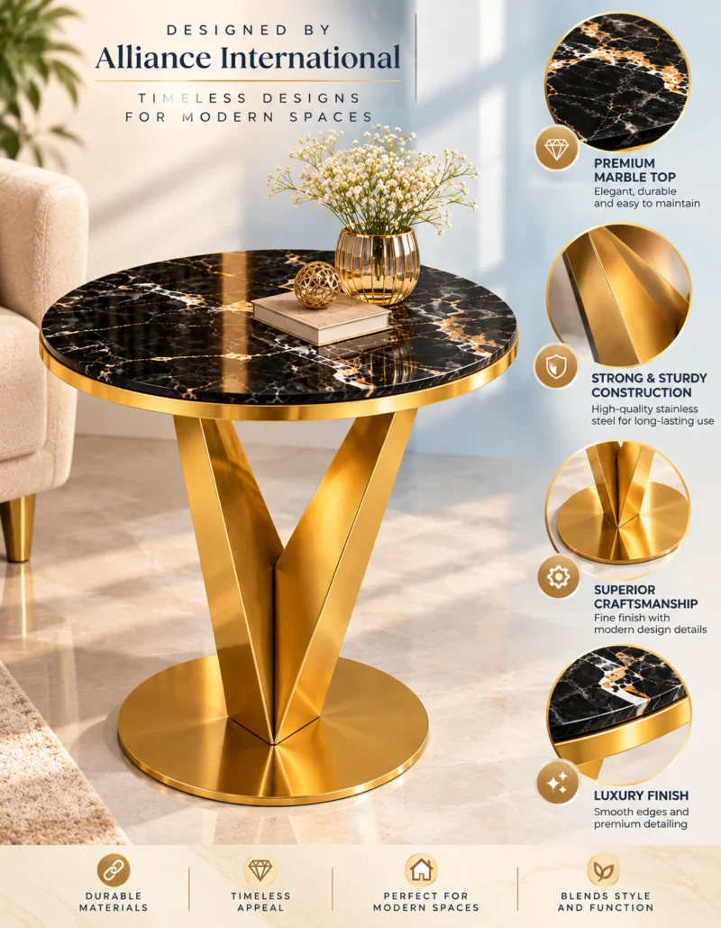 Veyra V black marble side table with sculptural gold base