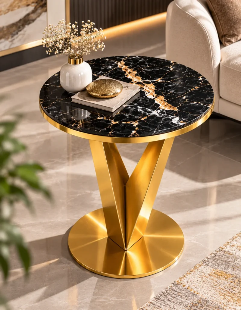 Veyra V black marble side table with sculptural gold base
