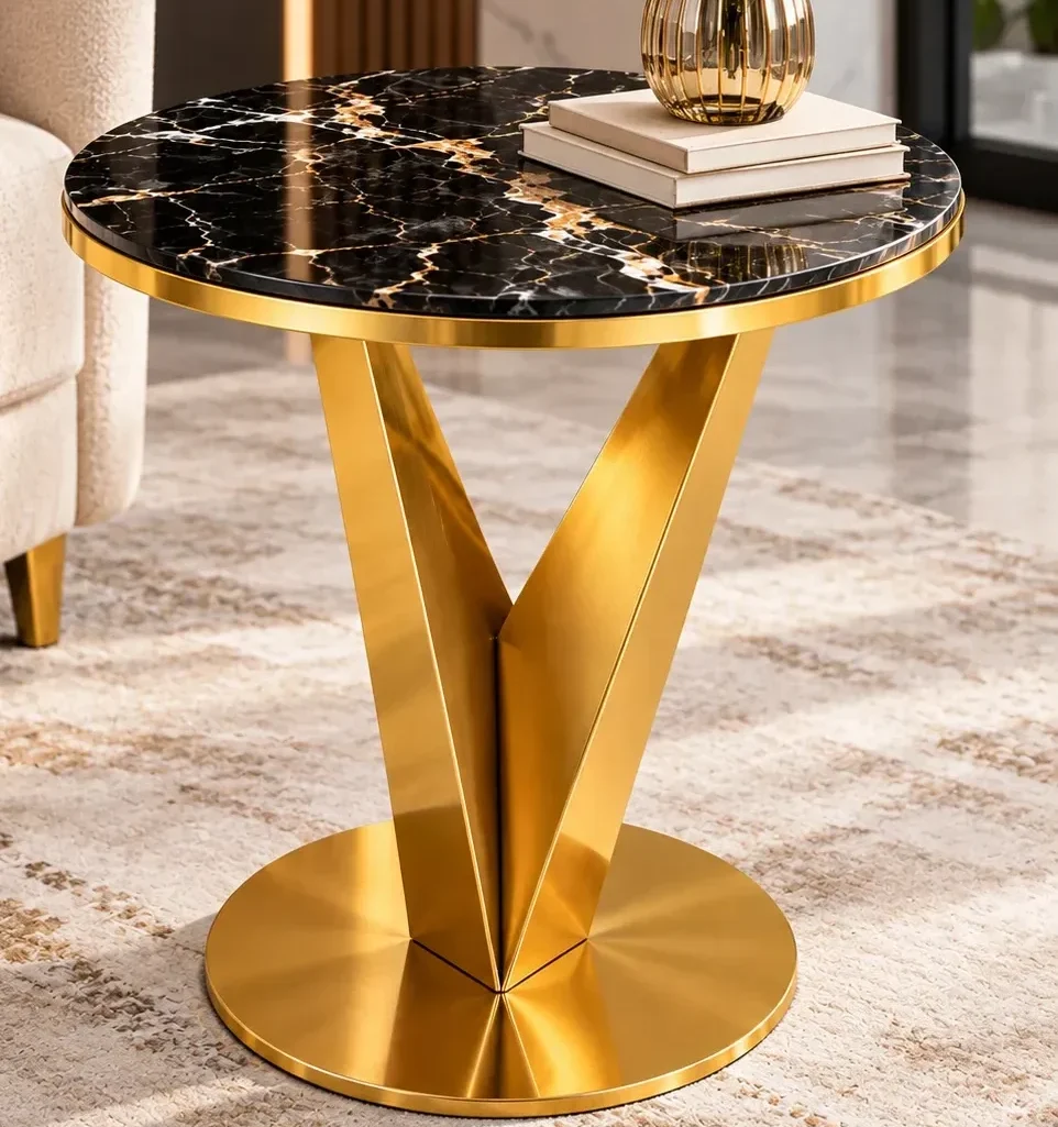 Veyra V black marble side table with sculptural gold base